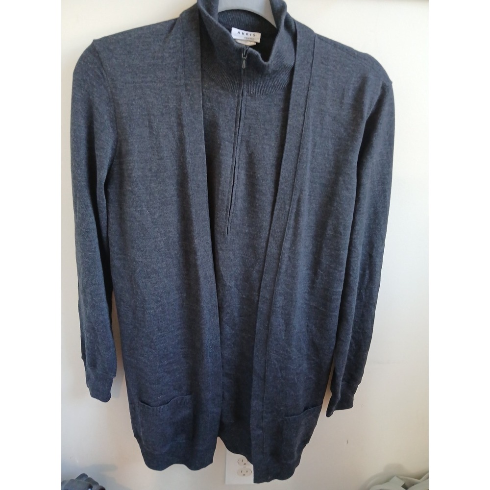 AKRIS Punto Gray Wool Knit Front 1/4 Zip Long Cardigan‎ Sweater Size 10